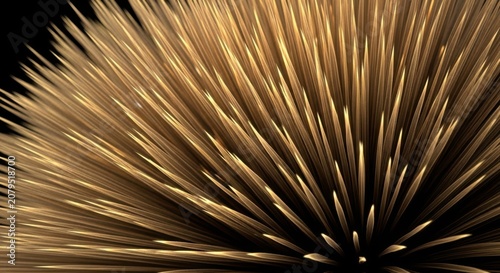 Golden spiky textured surface with shiny thin straight lines radiating outward from center on dark background