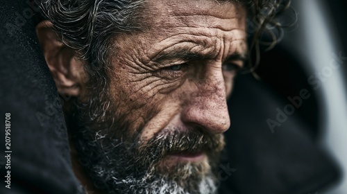 Close-up portrait of thoughtful elderly man with gray beard and wrinkles