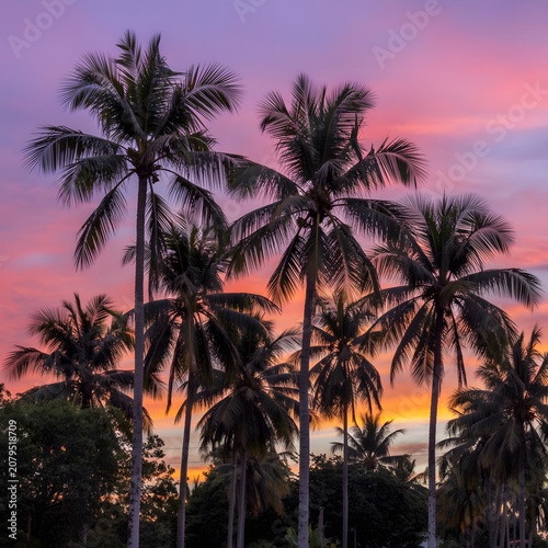 Tropical Palm Trees Against Vibrant Sunset Sky Representing Exotic Summer Vacation Coastal Paradise Nature Travel and Peaceful Evening Landscape