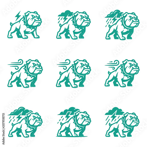 Angry Bulldog Icon Set: Storm, Wind, Lightning Elements - Teal Color