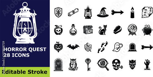 Horror quest and Halloween mystery icon set, 28 vector pictograms of spooky adventure symbols, supernatural objects, and investigation elements
