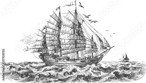 Old sailing ship on choppy ocean waves with birds flying above vintage illustration.