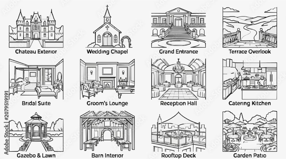 Obraz premium Sleek Black and White Line Drawing Illustrations of Elegant Wedding Venues and Spaces for Event Planning