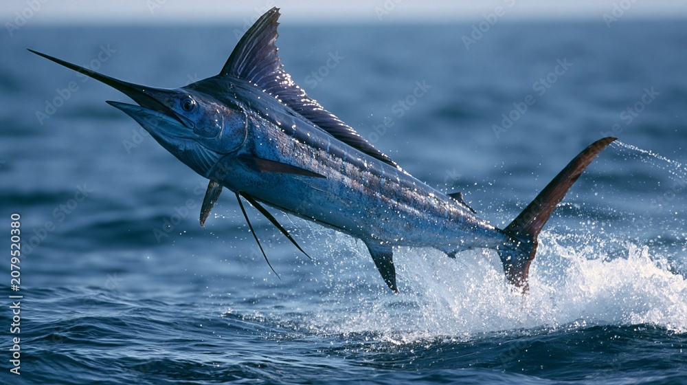 Obraz premium Blue marlin fish leaping out of ocean water during fishing action