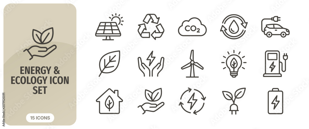 Fototapeta premium Energy and ecology line icon set, sustainable development and green power symbols, vector illustration