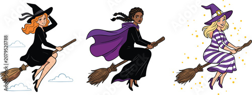 Photos Witch Flying on Broomstick Vector Set with Halloween Character Illustration in C