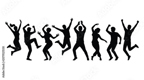 Group of cheerful people jumping in the air with dynamic poses in a black silhouette style