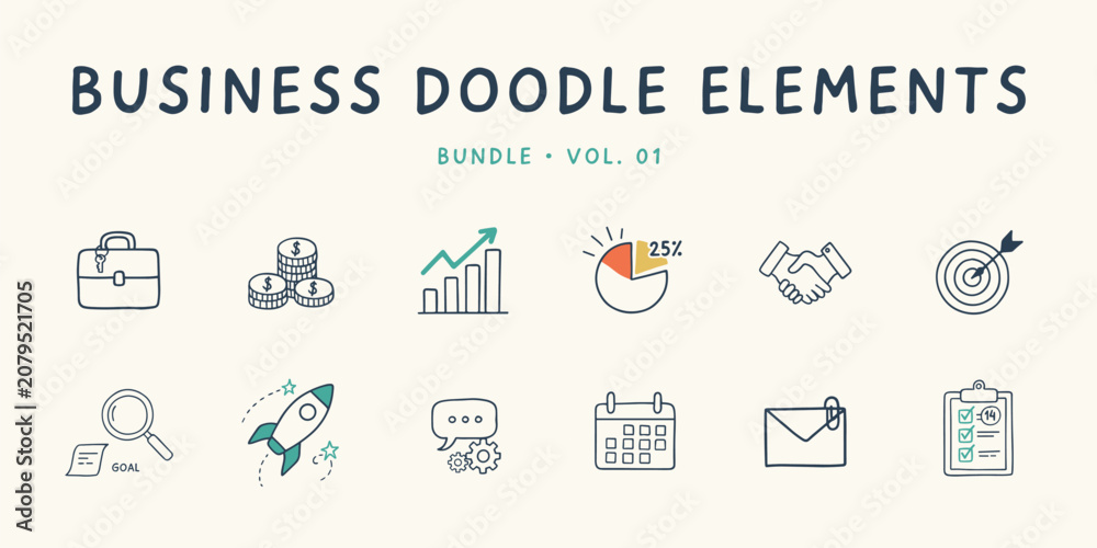 Fototapeta premium Business doodle bundle featuring hand drawn of a briefcase, coins, growth chart, pie chart, handshake, and target symbols