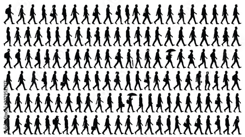 Many diverse people walking in profile view depicted as black silhouettes on a clean white background