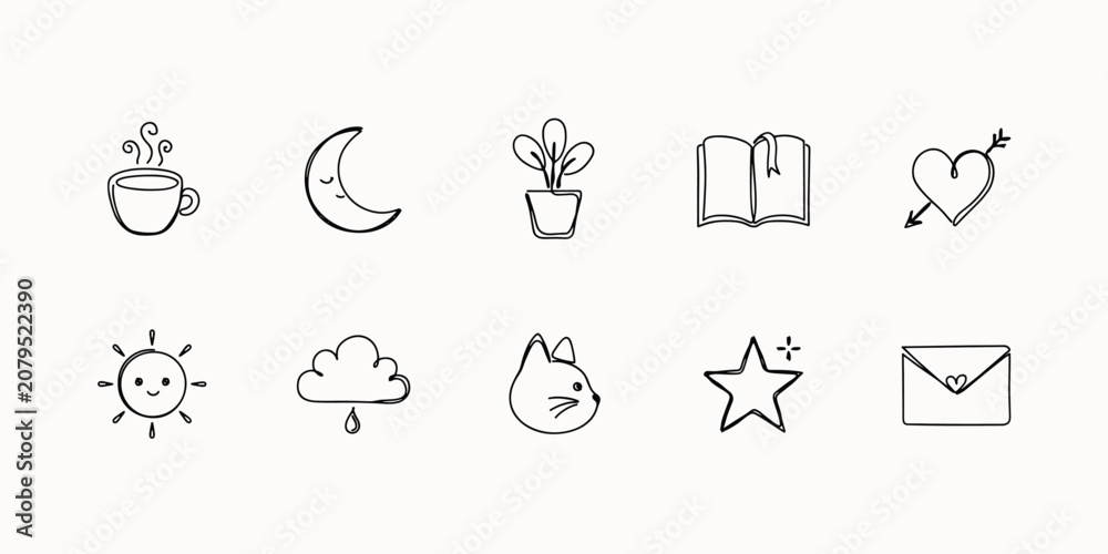 Fototapeta premium Minimalist hand drawn doodle set featuring coffee cup, moon, potted plant, open book, heart with arrow, sun, cloud, cat, and star