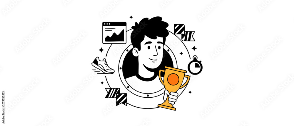 Fototapeta premium Winner holding gold victory trophy sports achievement and goal success concept, line art illustration of young man athlete with running icons, digital analytics, progress charts, and fitness concepts.