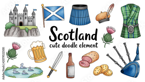 Konstfotografi Colorful scottish food and culture icons set with tartan background Vector