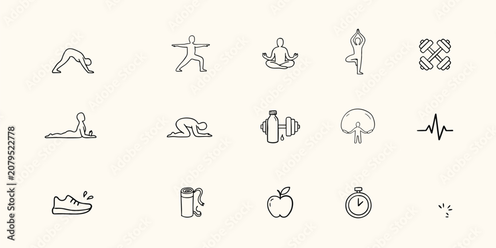 Fototapeta premium Yoga and fitness doodle set featuring various poses, dumbbells, water bottle, heart rate, running shoe, apple, and stopwatch timer