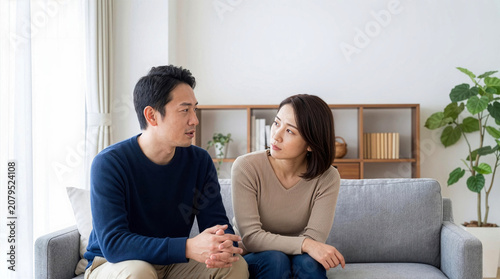 Serious Asian couple talking on a modern living room sofa at home, having a deep conversation about relationship issues.