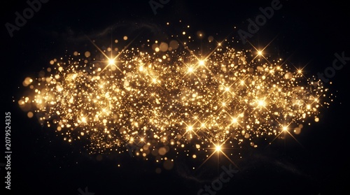Bright golden light particles floating in a dark space creating a magical and festive atmosphere