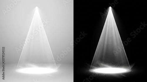Bright white spotlights shining down on empty floor surfaces with glowing dust particles and fog
