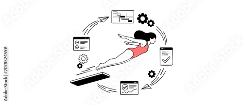 Schilderij op canvas Project management workflow flat illustration depicting a woman diving from springboard surrounded by task automation icons, gears, checklists, and gantt chart for agile business startup process