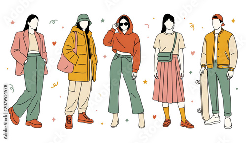 Group of five stylish people walking together in casual colorful clothing Vector