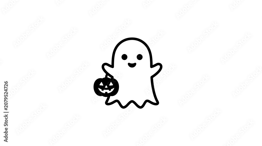 Obraz premium Cute Minimalist Halloween Ghost Illustration Holding a Small Smiling Jack O Lantern Pumpkin Icon Design