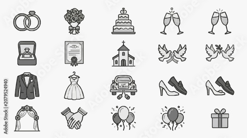 Bild auf Leinwand Elegant Black and White Wedding and Celebration Icons Set Featuring Rings Bouque