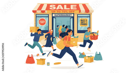 Happy shopper running with colorful shopping bags during a sale Vector