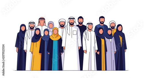 Large diverse group of men and women in traditional Arab attire including kaffiyeh and abaya standing together.
