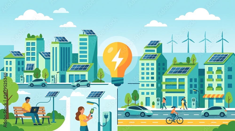Fototapeta premium Sustainable Modern Cityscape Featuring Renewable Energy Solutions and Eco-Friendly Urban Infrastructure