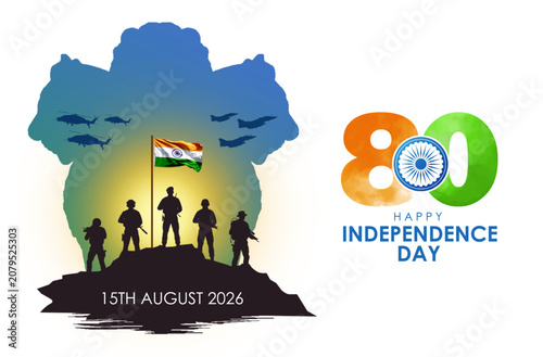Konstfotografi Patriotic India's 80th Independence Day  2026 greeting banner with military tribute silhouette, national colors and 80th anniversary typography