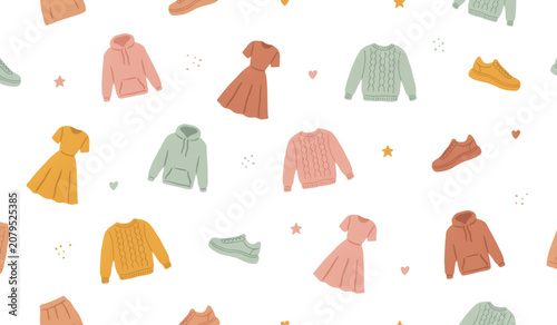 Colorful collection of hanging clothes with various shapes and colors Vector