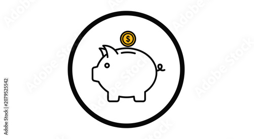 Minimalist line art icon of a piggy bank with a gold coin being deposited symbolizing savings and investment.