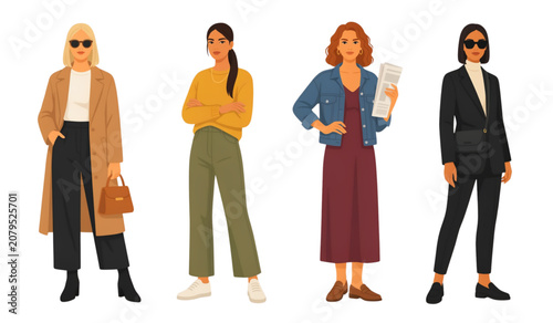 Four stylish people standing together in casual modern outfit Vector