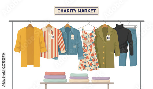 Colorful hanging clothes in a modern closet with wooden hangers Vector