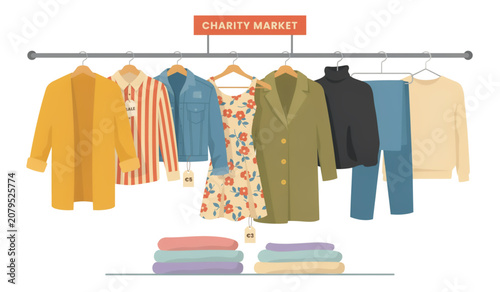Assorted children's clothing and accessories neatly arranged on hangers and folded on shelves Vector