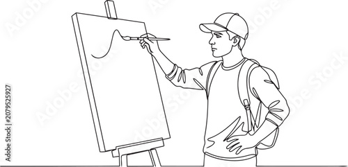 Continuous line drawing of young male artist painting on canvas with brush