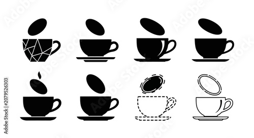 Set of eight coffee cup icons featuring coffee beans falling into various stylized cups, some with saucers, and others with dashed outlines