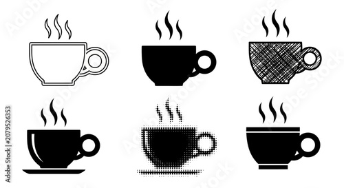 Set of minimalist black and white hot coffee cups with simple steam in a clean design style