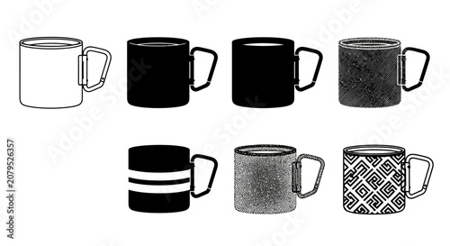 Collection of eight travel mug icons featuring different designs and textures, some with carabiner handles, suitable for outdoor activities