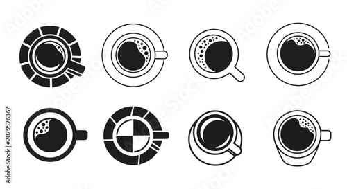 Top view collection of black coffee cups with steam on white background vector illustration for cafe design elements
