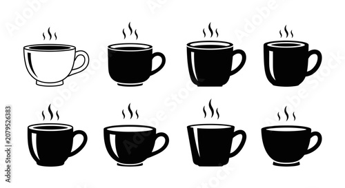 Set of black and white line icons depicting hot beverages in various cup styles with steam rising, perfect for coffee shop menus