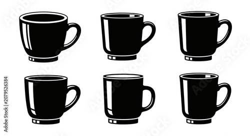 Set of plain black coffee mugs in various shapes on white background vector illustration for cafe branding elements