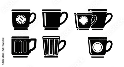Collection of stylized black coffee mugs with unique decorative elements, ideal for modern kitchenware branding or digital design