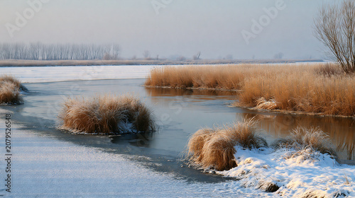 Frozen River with Snow-Covered Reeds, Winter Landscape