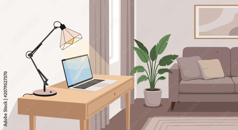 Fototapeta premium Flat illustration of person sitting at desk hesitating before decision, hand on chin, laptop open but idle, sticky notes blank on desk, remote worker, freelance, work from home, work from anywere,