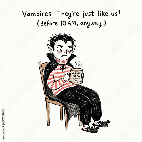 Photos Tired vampire sitting on chair with coffee mug before morning.