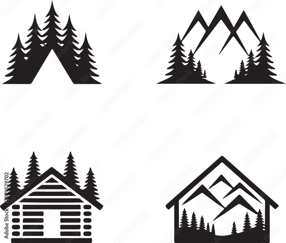 Obraz premium Four black nature and outdoor featuring pine trees, mountains, and a log cabin for camping and wilderness