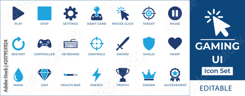 Konstfotografi Gaming UI icon set featuring controller gamepad, joystick, crosshair target, player health life bar, energy mana, weapon sword, shield defense, and achievement trophy symbols