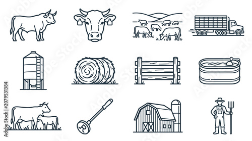 Farm Livestock Icons: Cow, Bull, Calf, Barn, Silo, Hay Bale, Truck, Farmer, Corral
