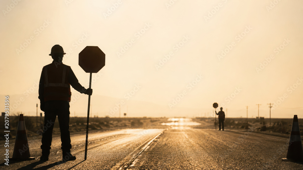Fototapeta premium Road construction workers manage traffic with stop signs under heat of sun, showcasing their dedication despite stress of job