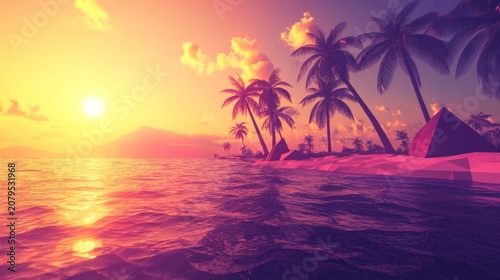 Tranquil sunset over tropical island beach low polygon style