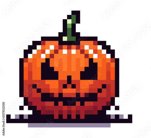 A pumpkin sits on a flat surface with a green stem. It has a carved face that looks spooky. This artwork captures the Halloween spirit in a colorful pixel art style